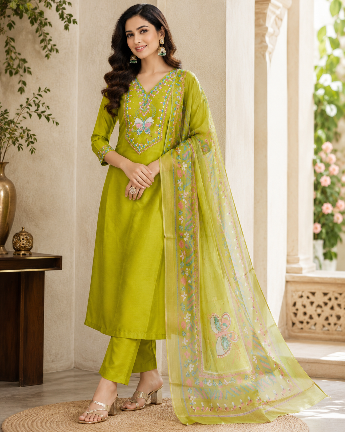 Elegant Parrot Green Salwar Suit with Butterfly Embroidery & Organza Printed Dupatta