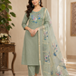 Elegant Sage Green Salwar Suit with  Embroidered Neck & Printed Organza Dupatta