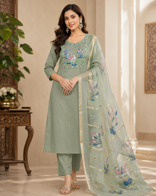 Elegant Sage Green Salwar Suit with  Embroidered Neck & Printed Organza Dupatta