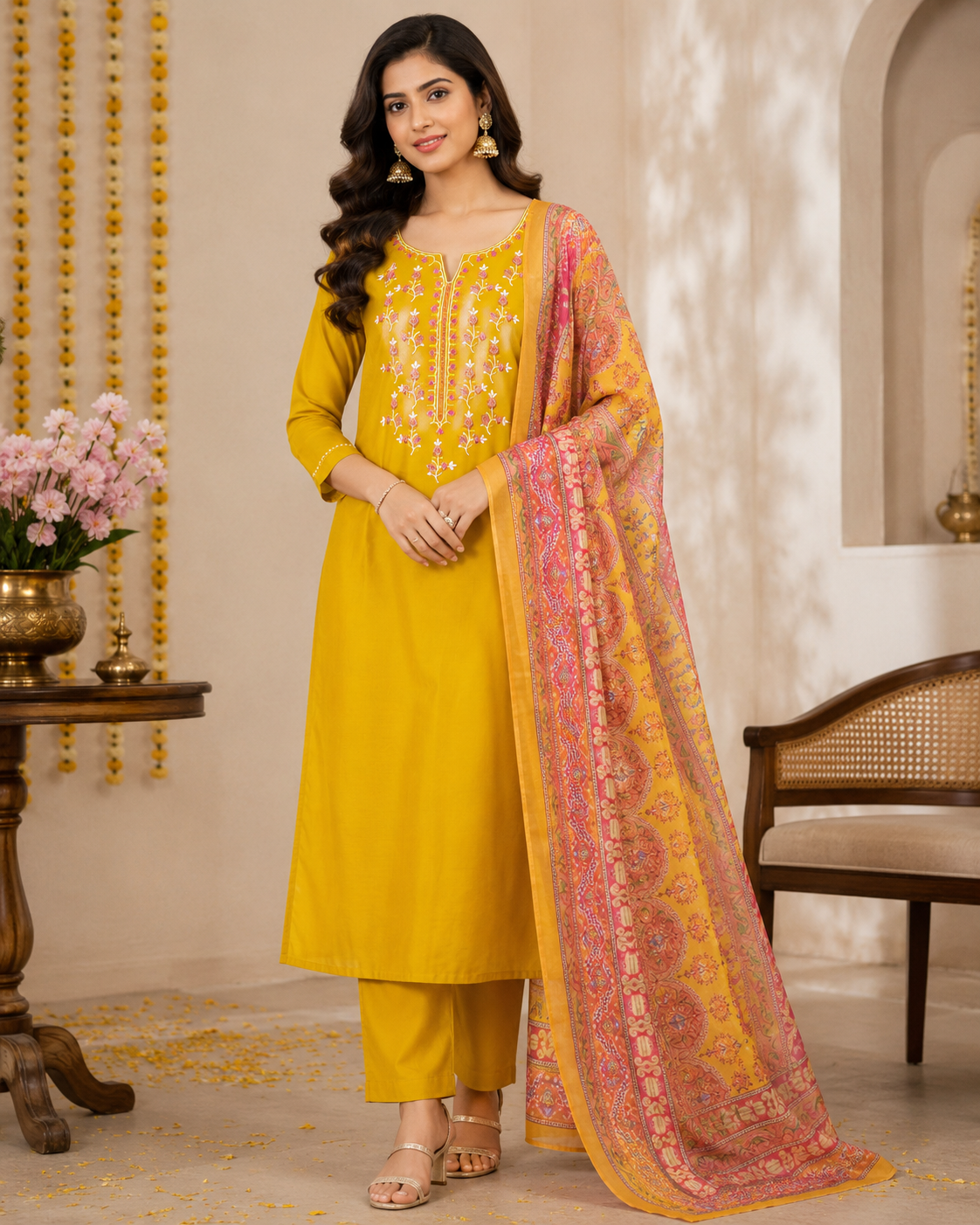 Elegant Mustard Yellow Salwar Suit with Floral Embroidery & Designer Printed Dupatta