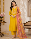 Elegant Mustard Yellow Salwar Suit with Floral Embroidery & Designer Printed Dupatta