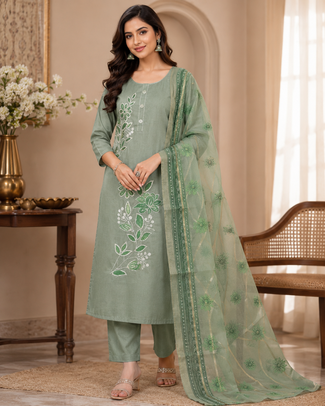 Elegant Dusty Sage Green Salwar Suit with Floral Embroidery & Organza Dupatta
