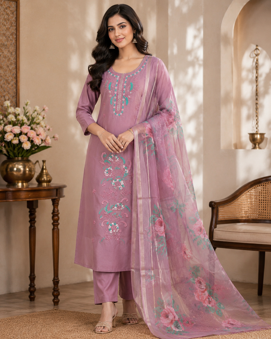Elegant Dusty Mauve Pink  Salwar Suit with Floral Embroidery & Organza Dupatta