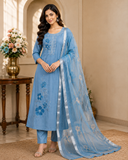 Elegant Dusty Sky Blue Embroidered Ready-Made Salwar Suit with Organza Dupatta