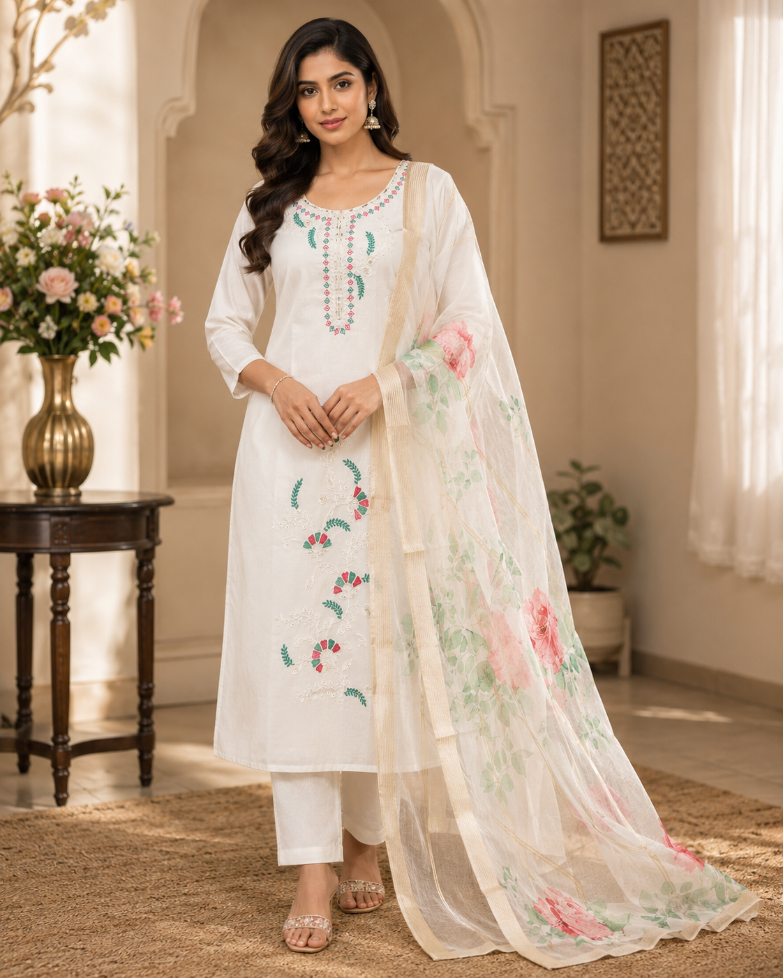 Elegant Ivory White Embroidered Ready-Made Salwar Suit with Floral Organza Dupatta