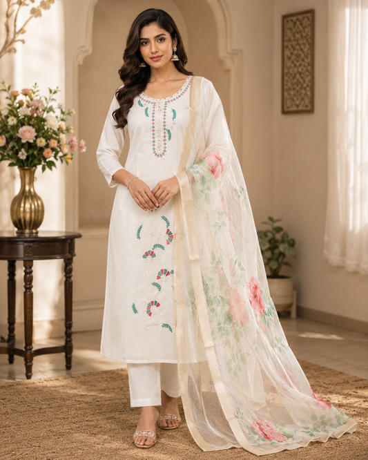 Elegant Ivory White Embroidered Ready-Made Salwar Suit with Floral Organza Dupatta