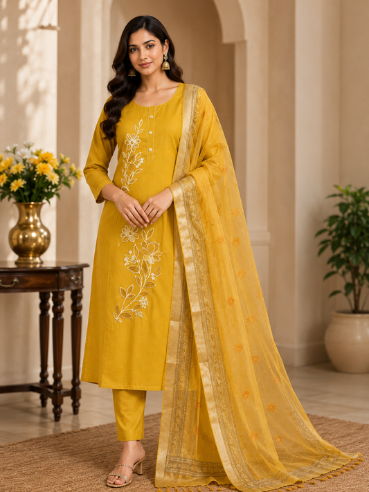 Elegant Mustard Yellow Embroidered Ready-Made Salwar Suit with Organza Dupatta