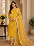 Elegant Mustard Yellow Embroidered Ready-Made Salwar Suit with Organza Dupatta