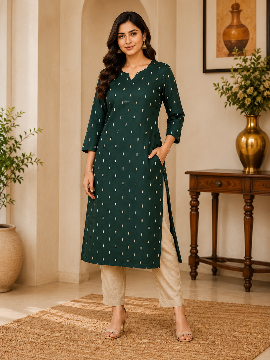 Elegant Bottle Green Printed Co-Ord Set for Women | Ready-to-Wear Ethnic Wear