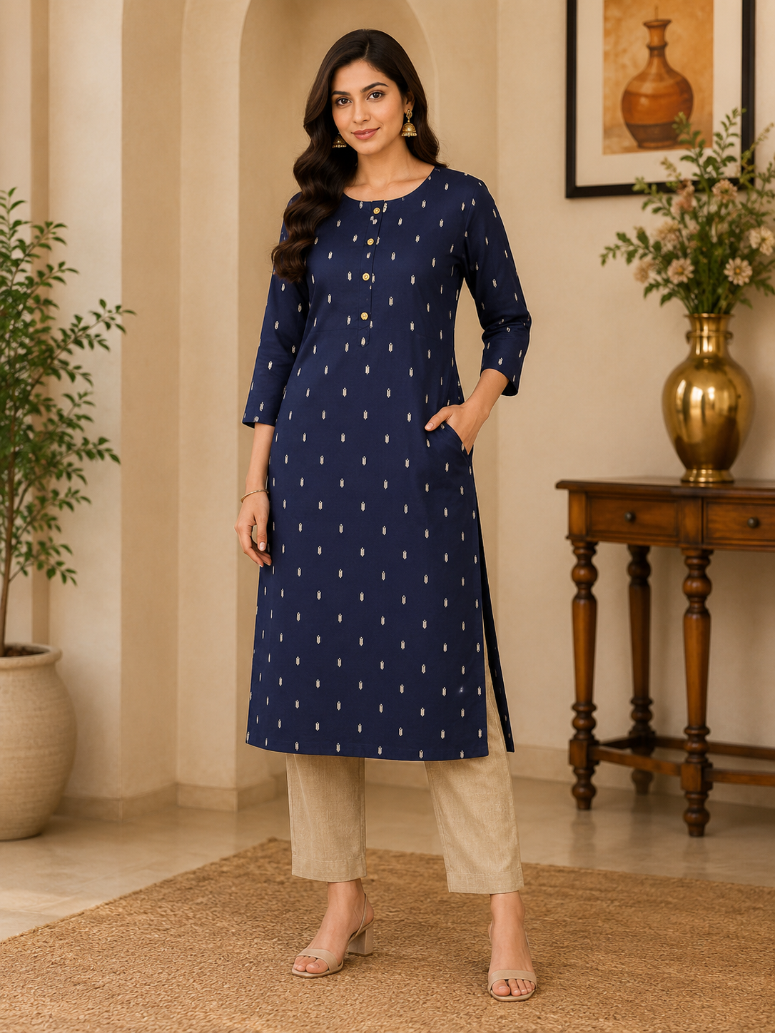 Classic Navy Blue Printed Co-Ord Set for Women | Ready-to-Wear Ethnic Wear