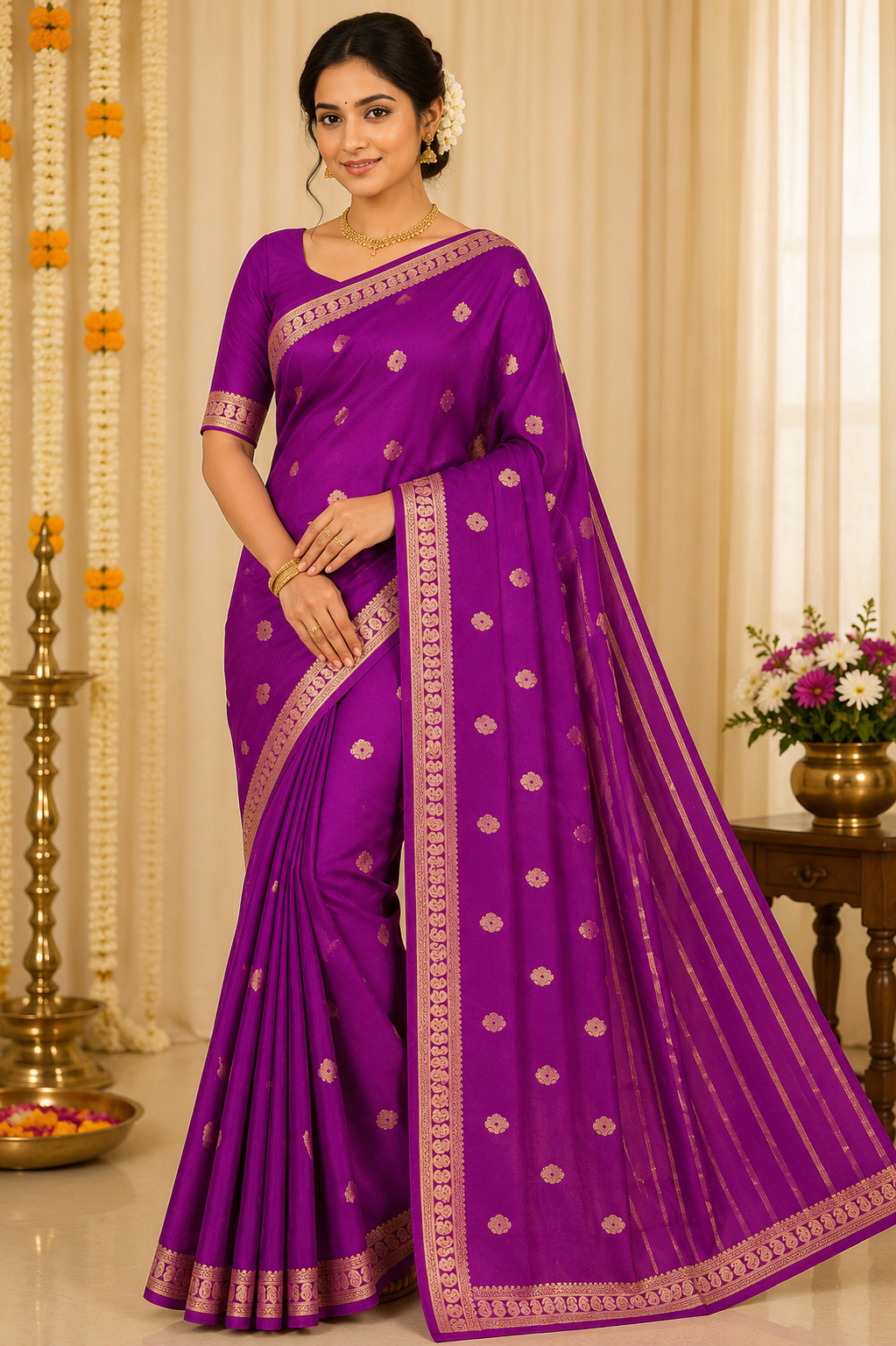 Royal Orchid Purple Mysore Silk Saree with Antique Gold Zari Butta & Traditional Border