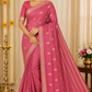 Mysore Silk Coral Pink Saree with Traditional Gold Zari Buttas & Elegant Woven Border