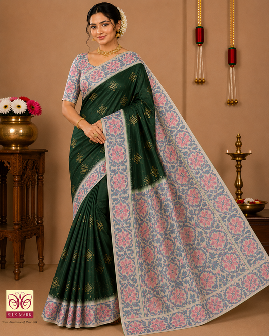 Pure Handloom Silk Pochampally Saree – Bottle Green Body with Floral Ikat Pallu