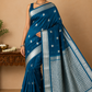 Handloom Silk Cotton Saree in Peacock Blue with Silver Zari Buttas & Grand Pallu