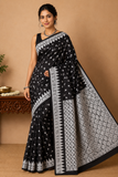 Handloom Silk Cotton Saree in Classic Black with Ivory White Geometric Weaves