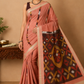 Silk Cotton Pochampally Ikat Saree in Peach Coral with Traditional Designer Pallu