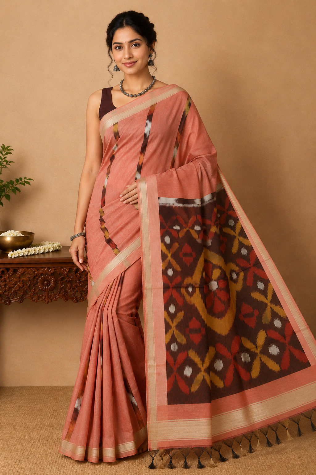 Silk Cotton Pochampally Ikat Saree in Peach Coral with Traditional Designer Pallu