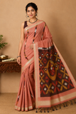 Silk Cotton Pochampally Ikat Saree in Peach Coral with Traditional Designer Pallu