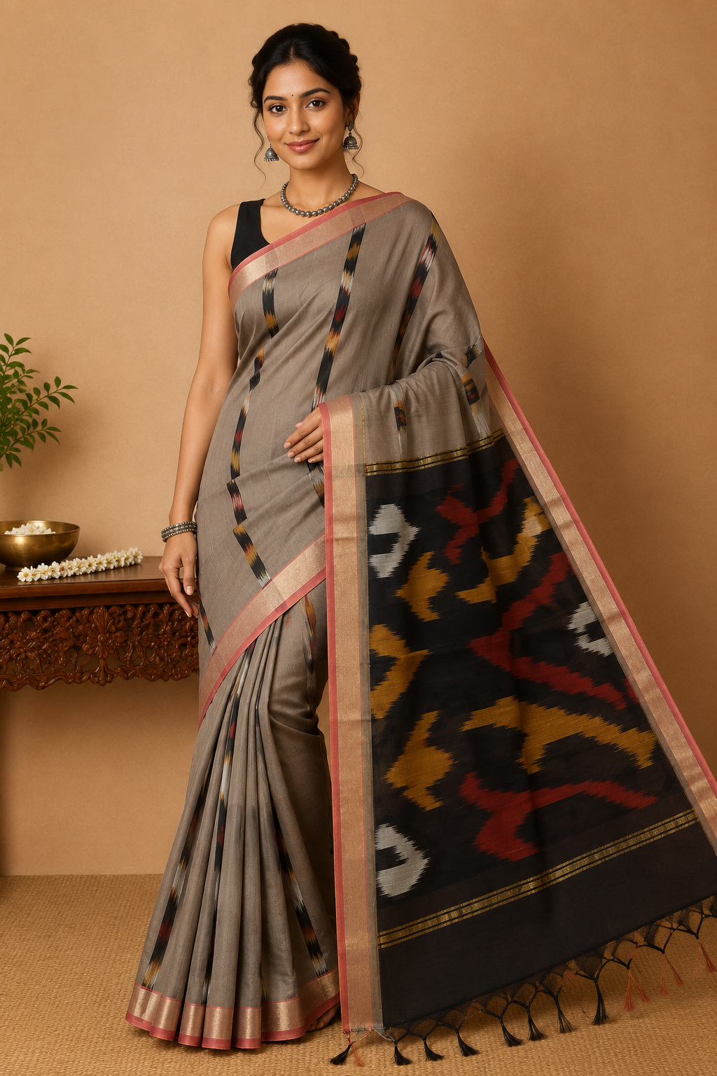 Cotton Silk Pochampally Ikat Saree in Ash Grey with Designer Black Pallu