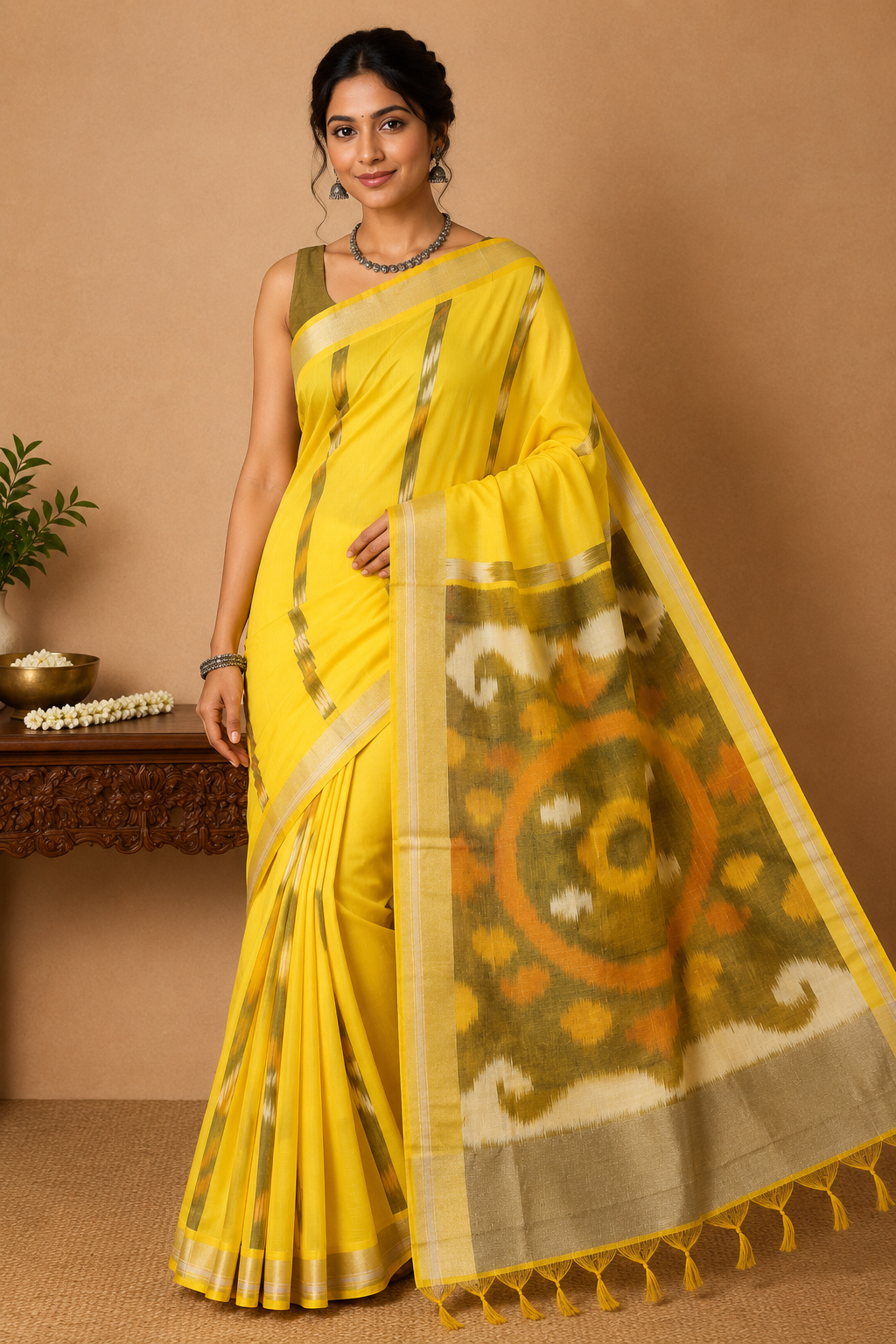 Cotton Silk Pochampally Ikat Saree in Sunshine Yellow with Designer Ikat Pallu