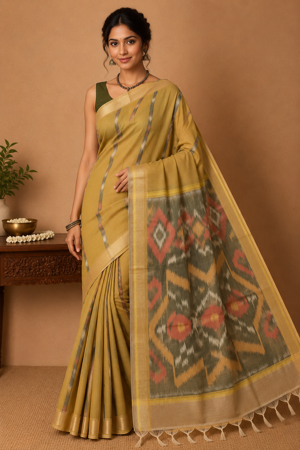 Cotton Silk Pochampally Ikat Saree in Olive Mustard with Traditional Designer Pallu