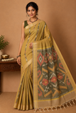 Cotton Silk Pochampally Ikat Saree in Olive Mustard with Traditional Designer Pallu
