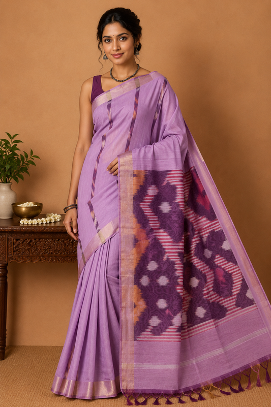Cotton Silk Saree in Lavender Pink with Designer Ikat Pallu