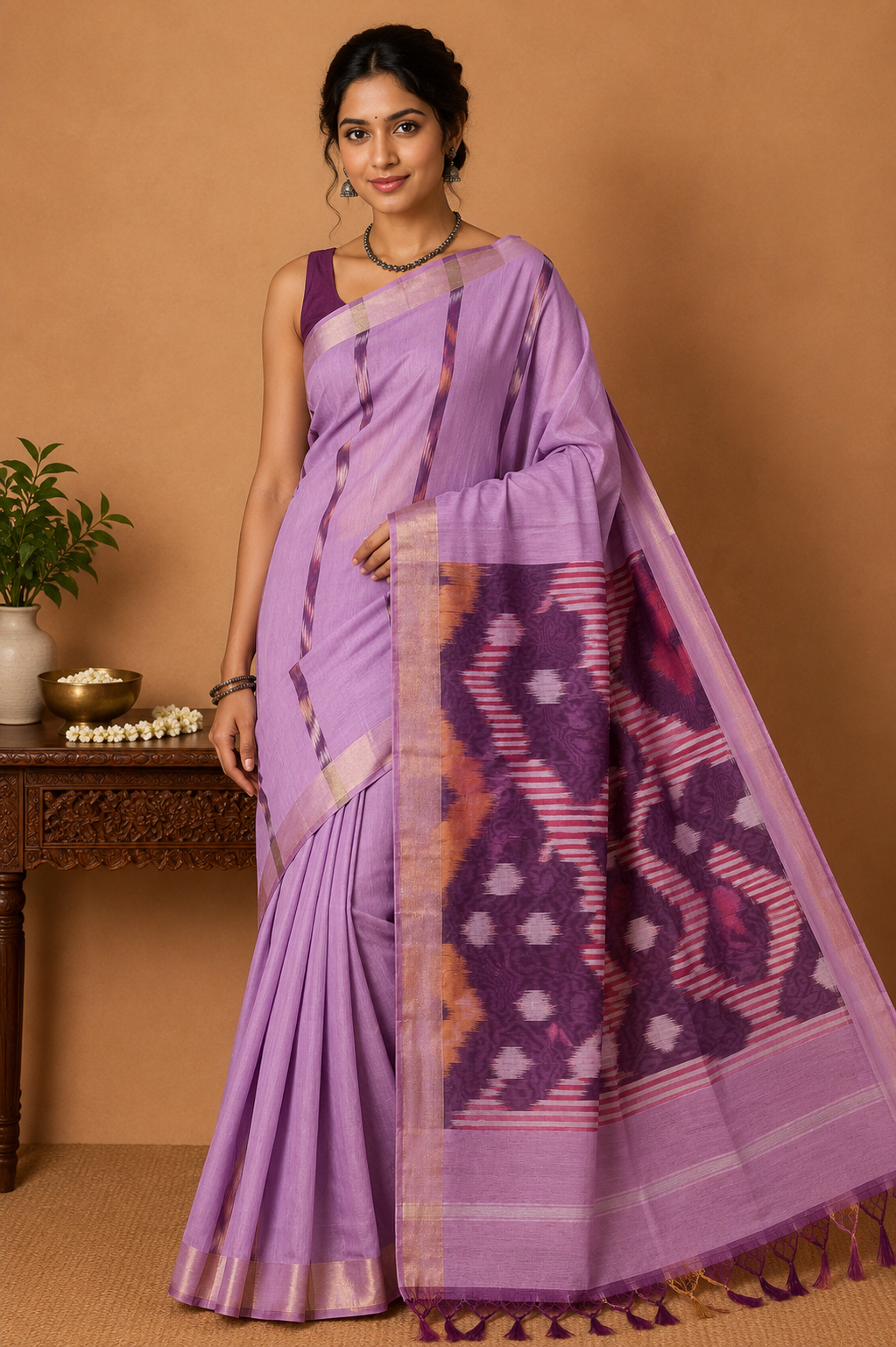 Cotton Silk Saree in Lavender Pink with Designer Ikat Pallu