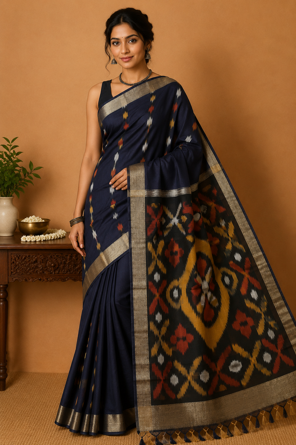 Cotton Silk Pochampally Saree in Deep Navy Blue with Traditional Ikat Pallu