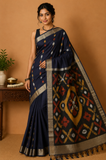 Cotton Silk Pochampally Saree in Deep Navy Blue with Traditional Ikat Pallu