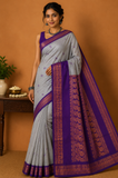 Kalyani Cotton Saree in Pearl Grey with Royal Purple Zari Pallu