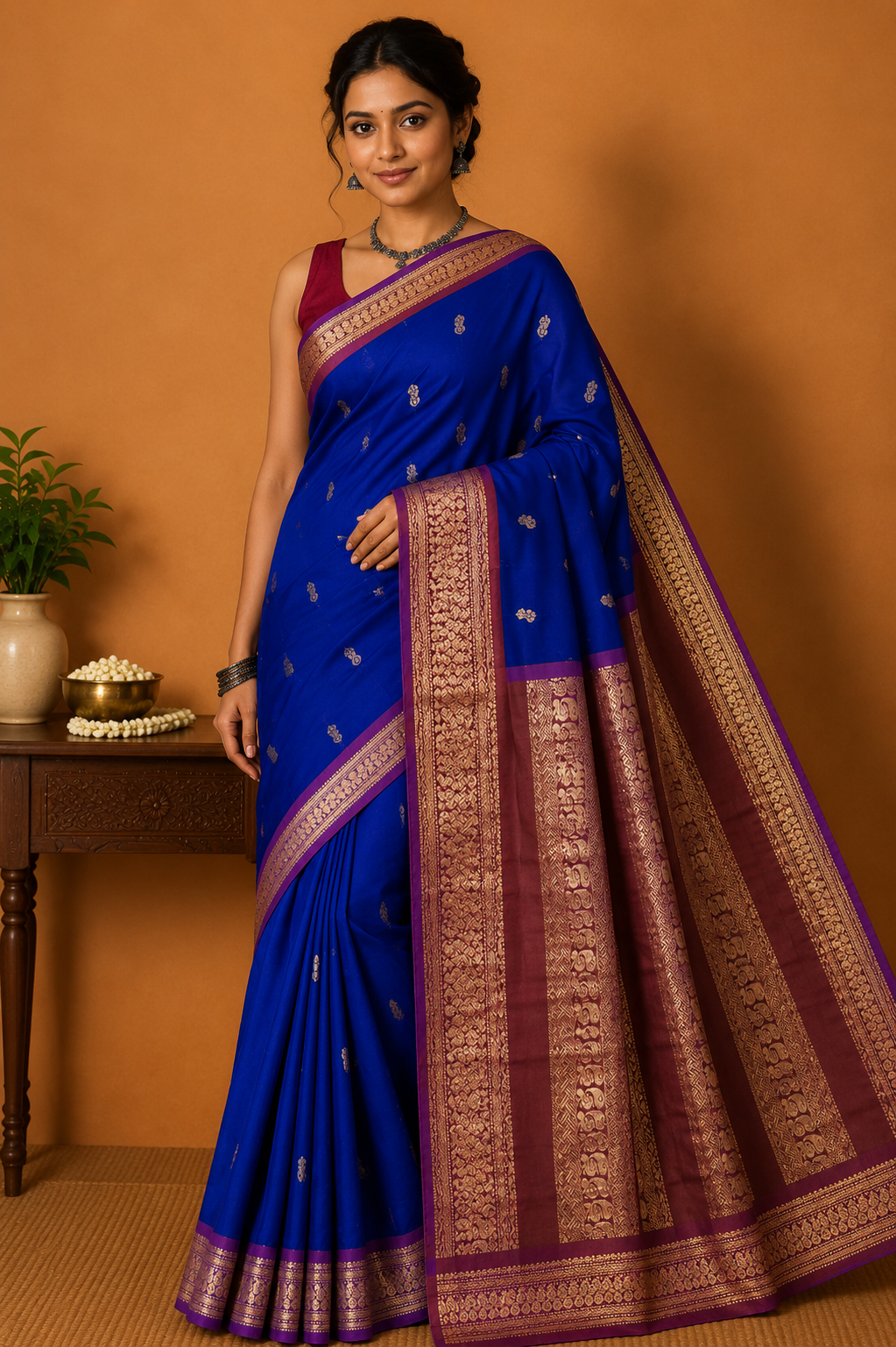 Kalyani Cotton Saree in Royal Blue with Maroon Gold Zari Pallu