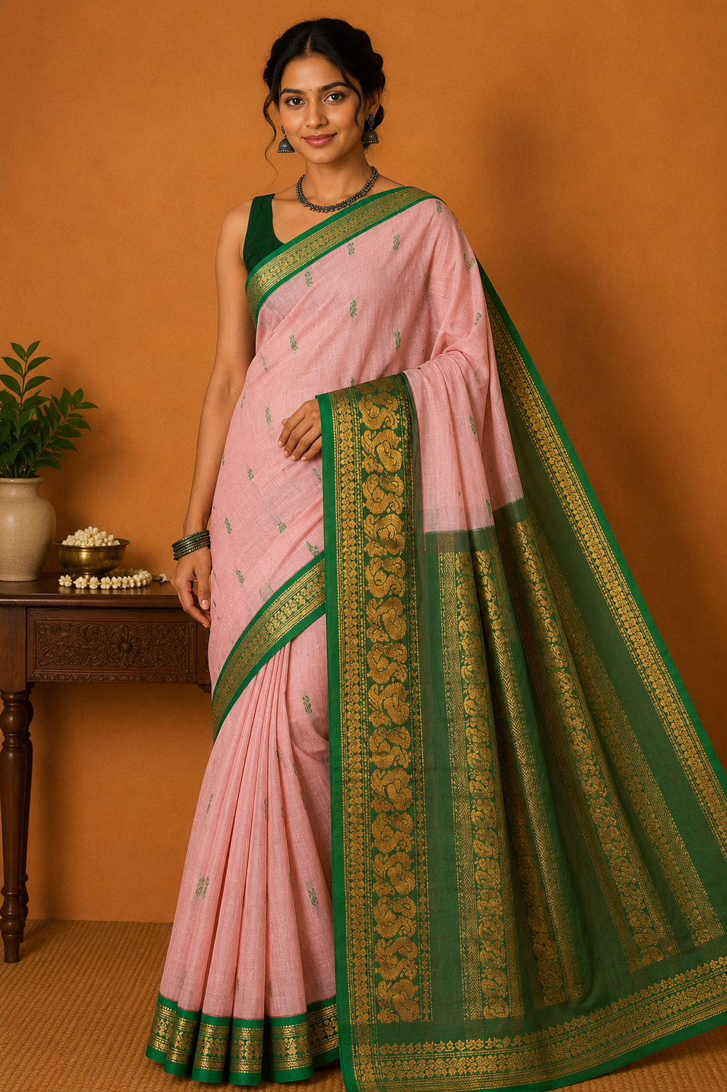 Kalyani Cotton Saree in Baby Pink with Emerald Green Zari Woven Pallu