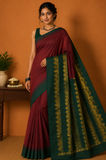 Rust Maroon Kalyani Cotton Saree with Bottle Green Zari Woven Pallu