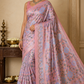 Meena Tissue Saree in Blush Pink with Powder Blue Floral Weaves & Silver Grey Accents