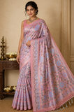 Meena Tissue Saree in Blush Pink with Powder Blue Floral Weaves & Silver Grey Accents