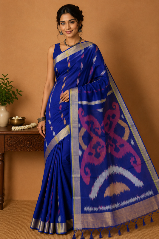 Cotton Silk Saree in Royal Blue with Traditional Ikat Design Pallu