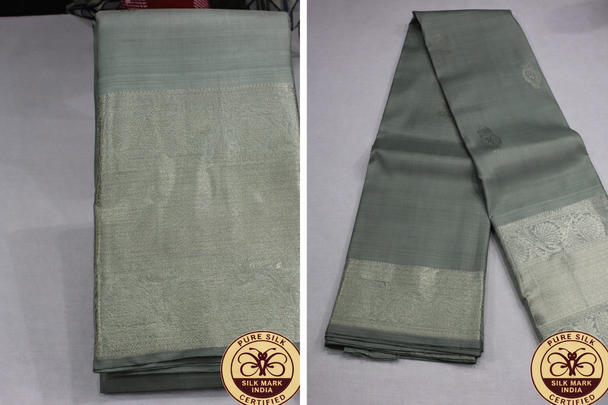 Elegant Sage Green Pure Kanjivaram Silk Saree with Silver Zari
