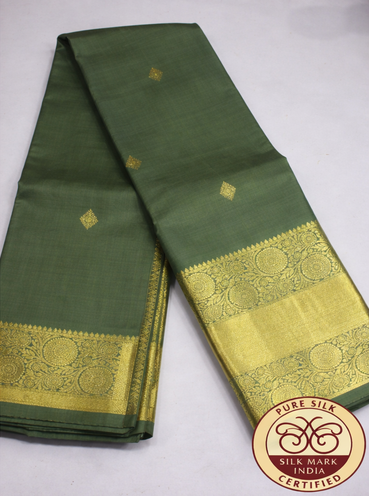 Elegant Olive-Moss Green Pure Kanjivaram Silk Saree with Antique Gold Zari