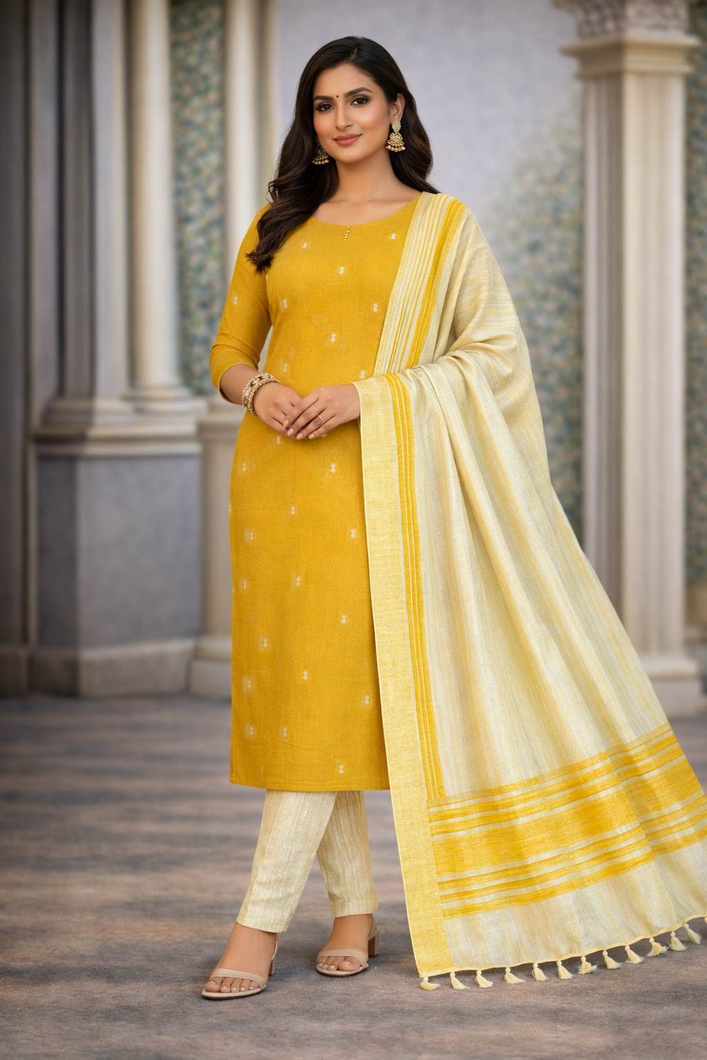 Sunshine Mustard Yellow Silk Cotton Suit Set with Ivory Bottom
