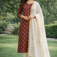 Rust Floral Silk Cotton Suit Set with Off-White Dupatta & Salwar