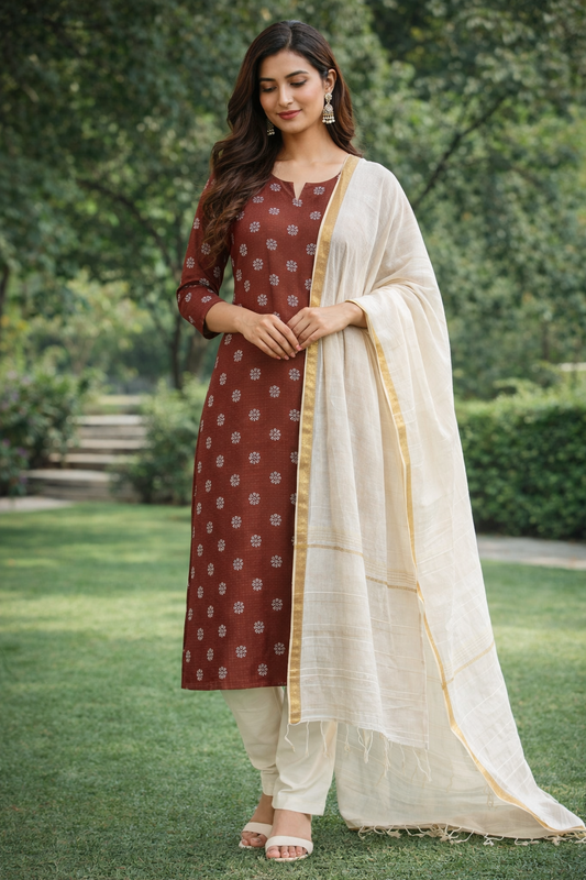Rust Floral Silk Cotton Suit Set with Off-White Dupatta & Salwar