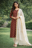 Rust Floral Silk Cotton Suit Set with Off-White Dupatta & Salwar