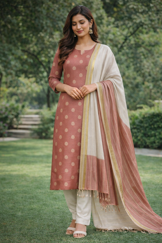 Rose Gold Silk Cotton Suit Set with Dual-Tone Striped Dupatta