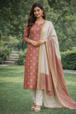 Rose Gold Silk Cotton Suit Set with Dual-Tone Striped Dupatta
