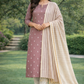Mauve Taupe shade Silk Cotton Suit Set with Striped Dupatta & Off-White Salwar