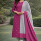 Rich Magenta Silk Cotton Suit Set with Striped Dupatta & Grey Salwar
