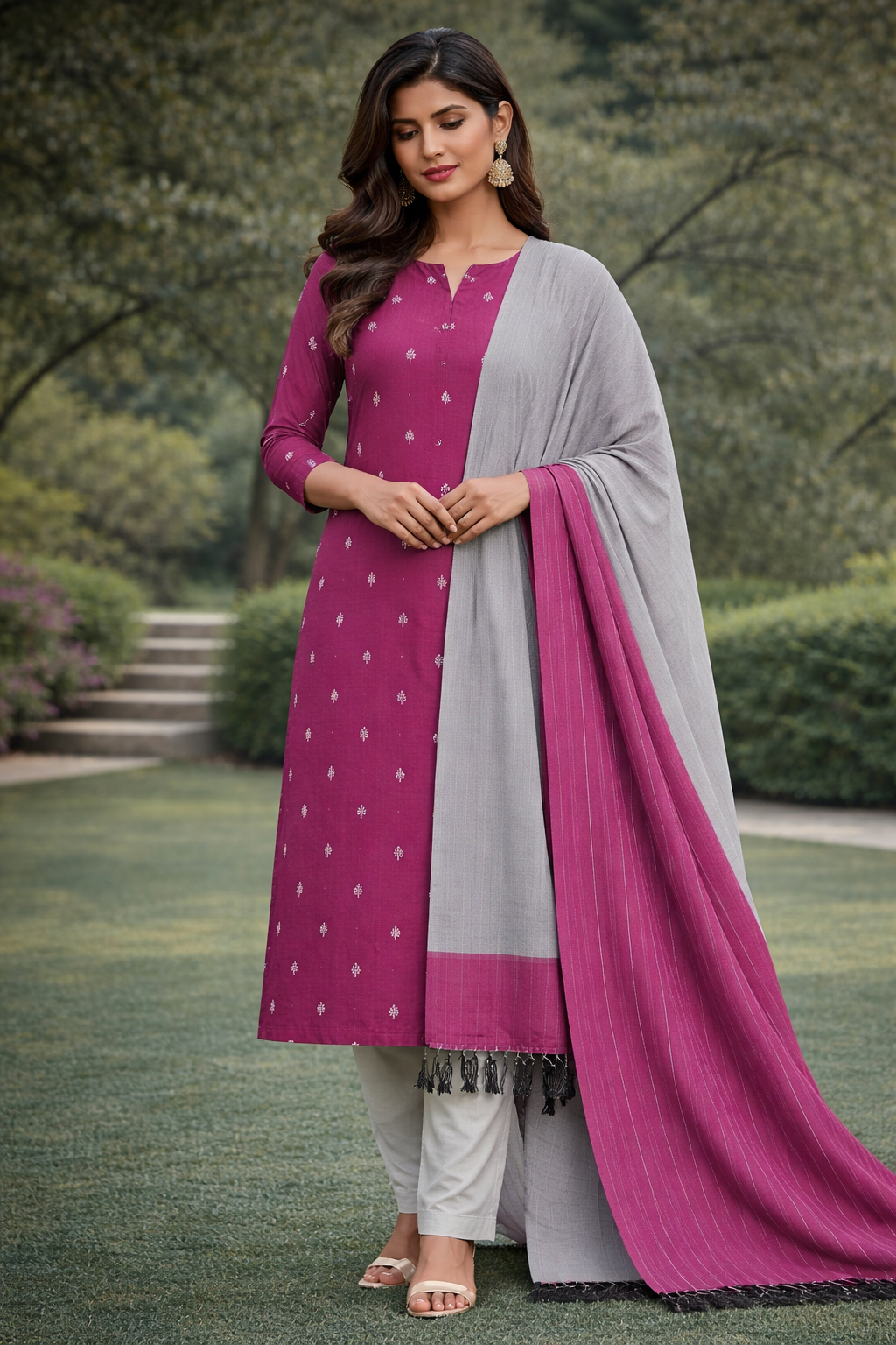 Rich Magenta Silk Cotton Suit Set with Striped Dupatta & Grey Salwar