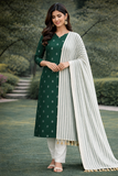 Emerald Green Silk Cotton Suit Set with Printed Dupatta & Off-White Salwar