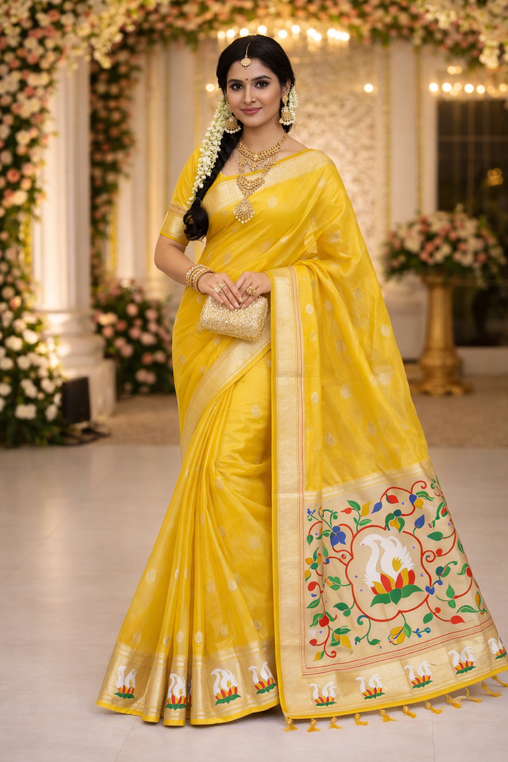 Mustard Yellow Organza Silk Saree